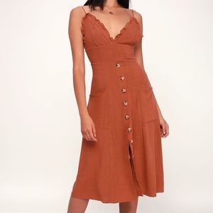 Lulu’s Lisbeth Rust Orange Button Front Midi Dress